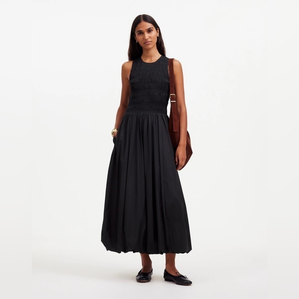 Madewell The Melody Bubble-Hem Smocked Midi Dress Poplin Black Size XXS NWT